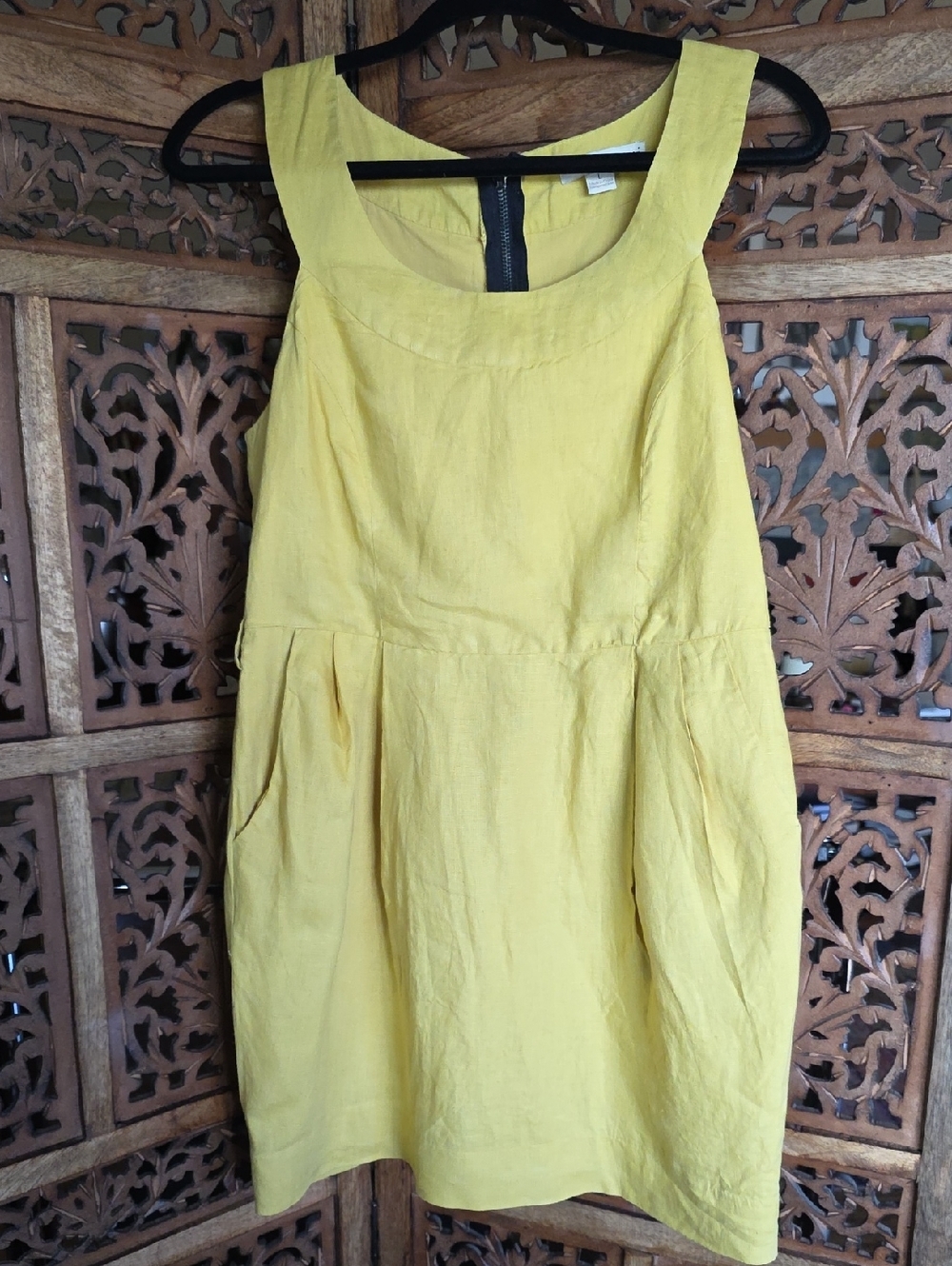 XXI Forever 21 100% Linen Mustard Sleeveless Dress Pockets Size L